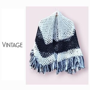 Vintage black and white crochet shawl with fringe festival